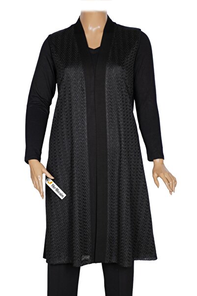 Hermevsim Hesna Women's Izel Front Tulle Lace Long Combed Cotton Black Vest