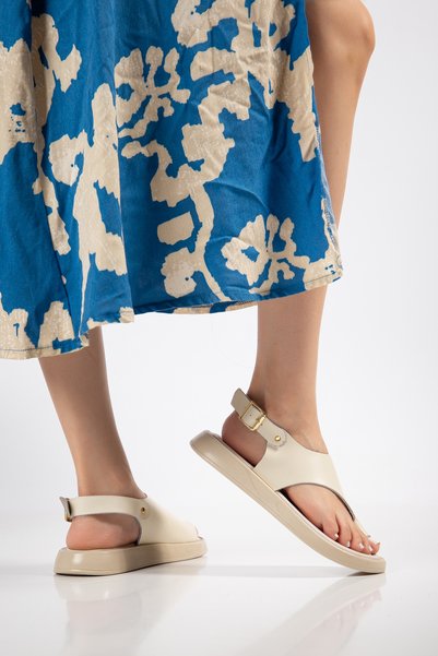 LUFENS Bianca Women's Flip-Flops with Hardsole Genuine Leather Beige Slippers
