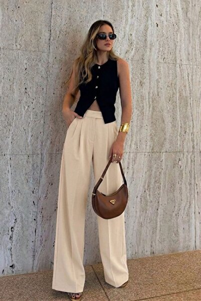 GENIUS STORE Γυναικείο παντελόνι με ψηλή μέση, πλισέ, φαρδιά μπατζάκια, Plazz...