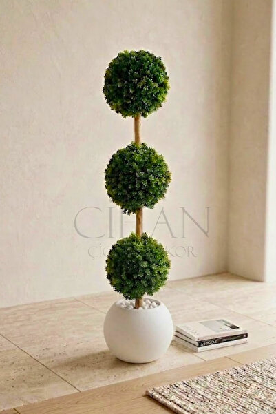 Cihan Çiçekçilik Yapay 3'lü Top Şimşir Ağacı - Beyaz Küre Saksılı 130cm