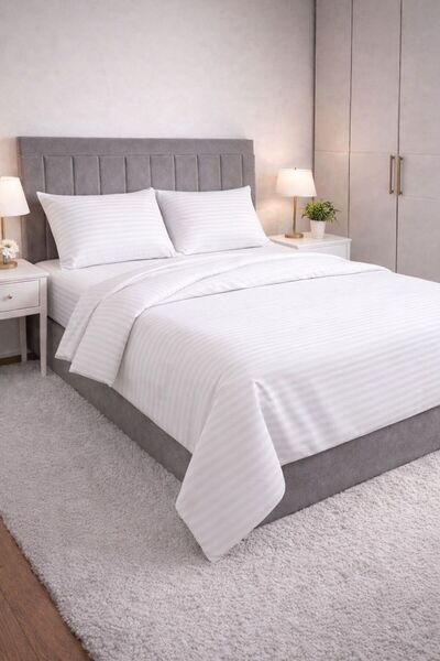 Sares Home Βαμβακερό Λευκό Ριγέ Σατέν Σετ Παπλωματοθήκη Διπλού Μεγέθους με Κο...