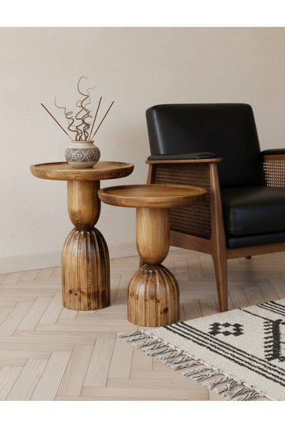 ASELYA HOME Doğal Ahşap 2’li Set Ananas Yan Sehpa Modern Açık Ceviz Fiskos Zi...