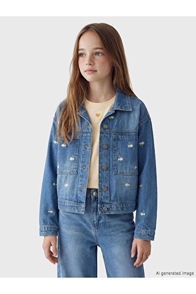 LC Waikiki Nevavm Floral Girl's Jean Jacket with Difference in Color