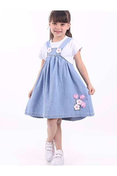 Butik Lena Blue Flower Motif T-Shirt and Jeans Set for Girls