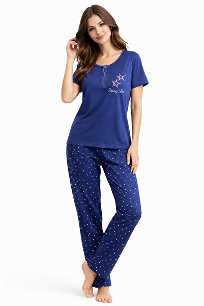 BALİS Star Pattern Cotton 3 Buttons Chic Comfortable Quality Short Sleeve Wom...