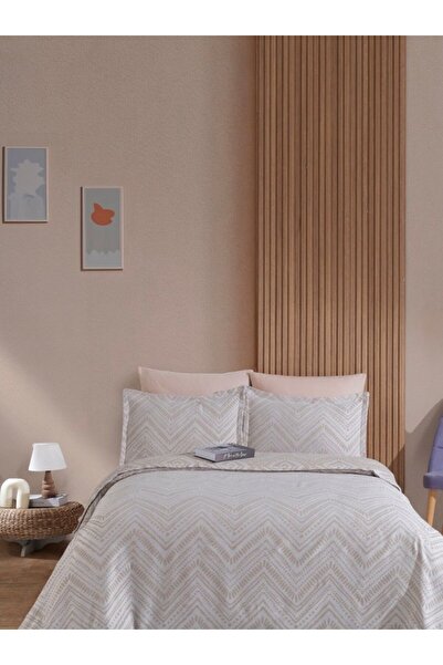 Home Keten Görünümlü Çift Kişilik Yatak Örtüsü Seti 3 Parça Ekru
