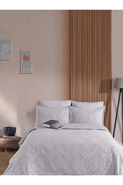 Home Keten Görünümlü Çift Kişilik Yatak Örtüsü Seti 3 Parça Gri
