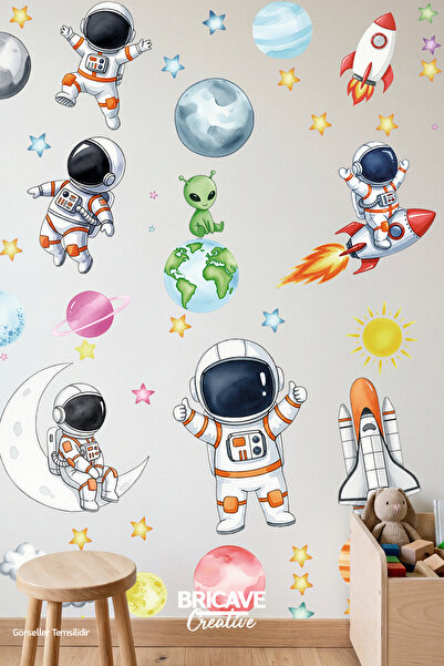 Bricave Astronot Uzay Yolculuğu ve Gezegenler Sticker Çocuk Odası Duvar Kapı Cam Etiket Sticker