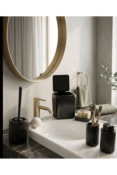 Buğra Home 5'Lİ ÇİZGİLİ BANYO SETİ-ÇÖP KOVASI OTOMATİK KAPAK&DİŞ FIRÇALIK&SAB...