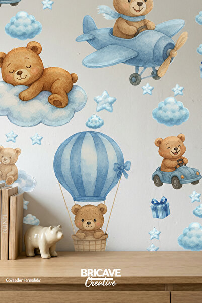 Bricave Uçan Ayıcıklar Balon ve Yıldızlar Sticker Çocuk Odası Duvar Kapı Cam Etiket Sticker