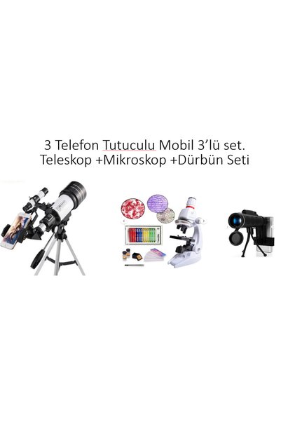 handanca Mobil Uyumlu 3 Telefon Tutuculu 3'lü Set-Uzay ve Kara Teleskopu+1200x Mikroskop+ 40x60 Dürbün Seti