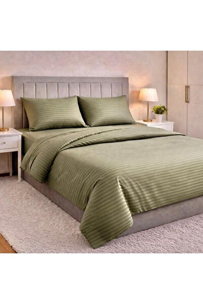 Sares Home Βαμβακερό Χακί Πράσινο Ριγέ Σατέν Διπλό Σετ Κλινοσκεπασμάτων με Κο...