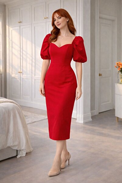 rengamoda Γυναικείο βραδινό φόρεμα από κόκκινο κρεπ ύφασμα με φερμουάρ στην π...