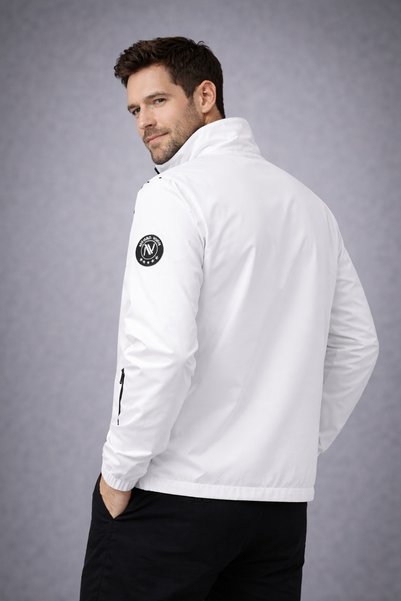 PENGORA Men's Black Seasonal Jacket with Stand Collar and Stripe Detail, Casual
