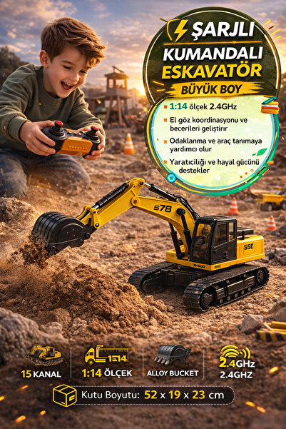 TOYFEST Şarjlı Uzaktan Kumandalı Ekskavatör Kepçe 2.4GHz Işıklı Sesli Oyuncak...