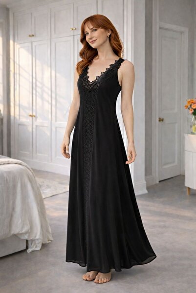 rengamoda Γυναικείο μαύρο φόρεμα με λαιμόκοψη V, δαντέλα με λωρίδες στο μπροσ...