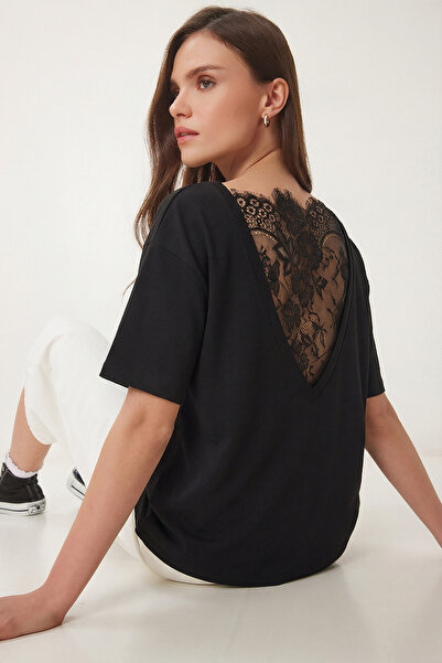 Lovelyİstanbul Δαντελένια Λεπτομερής Oversize Μπλούζα Modal LNT0030 ΜΑΥΡΗ