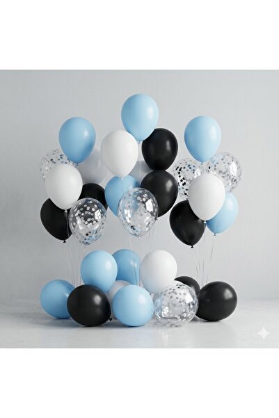 baloss fer Blue White Black Balloon Set 20-Piece Silver Confetti Transparent ...