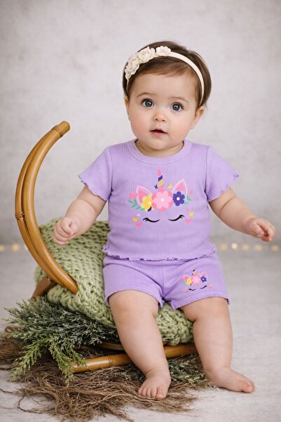 neocotton Kız Bebek Çocuk Ribana Unicorn Baskılı 2'li Şortlu Takım