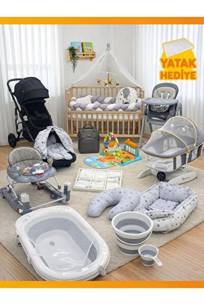 modabebekler Mega Bebek Çeyiz Seti 37 PARÇA – Park Beşik Bebek Arabası, Puset, Mama Sandalyesi Seti