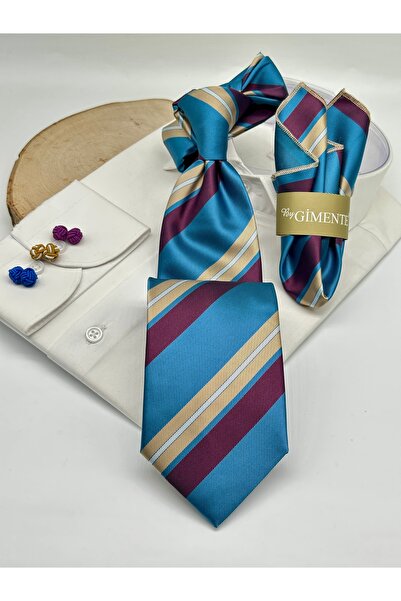 Gutiero Κλασική Γραβάτα με Μενταγιόν Τυρκουάζ με Ρίγες