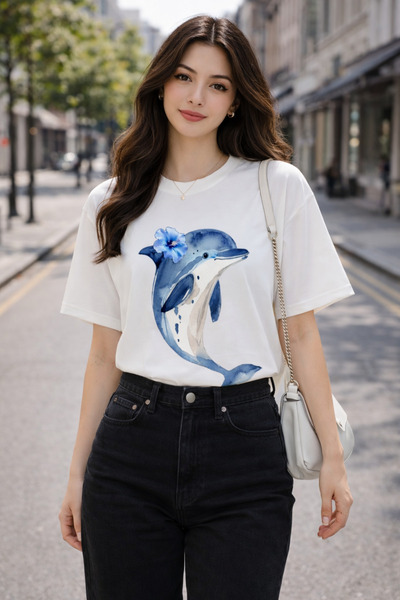 Yunus Baskılı %100 Organik Pamuklu Kalın Dokulu Oversize Bisiklet Yakalı Beyaz T-shirt