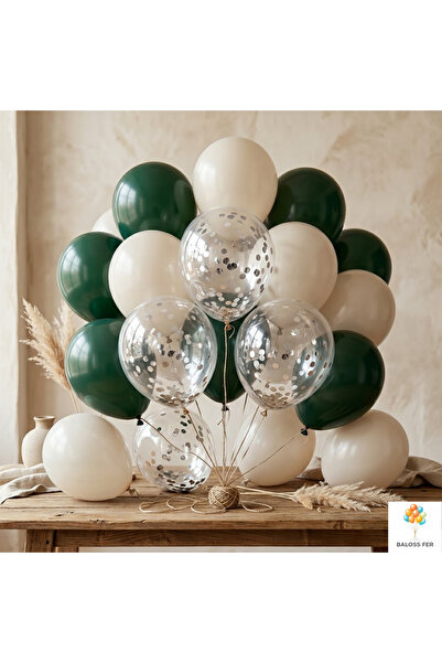 baloss fer Koyu Yeşil Deniz Kumu Balon Seti 20’li Gümüş Konfeti Şeffaf Balon ...