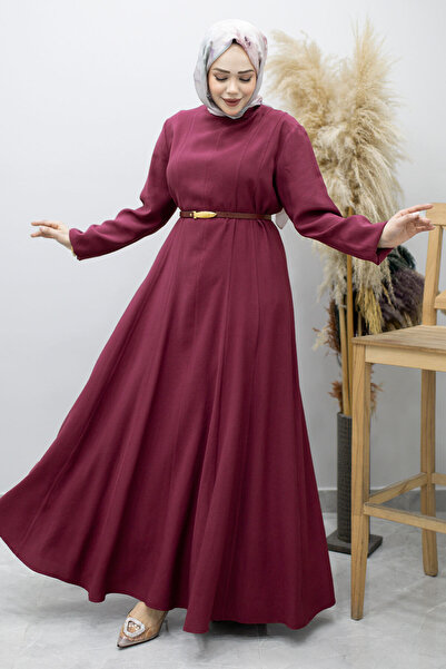 Tesettür Dünyası Φόρεμα με γιακά και ζώνη με πένες TSD260184 Φούξια