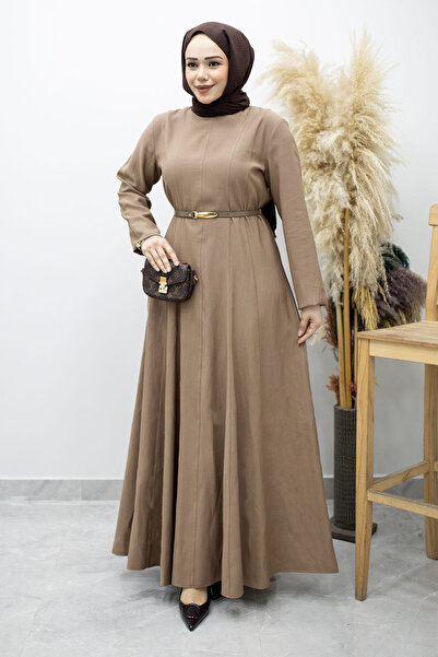 Tesettür Dünyası Φόρεμα με γιακά και ζώνη με πέτο TSD260184 Βιζόν