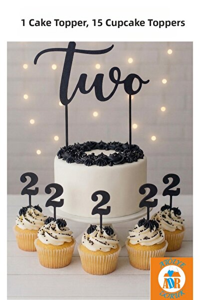 Atölye Doruk Black 2 Year Old Birthday Cake Decoration - Two Cake Lettering -...