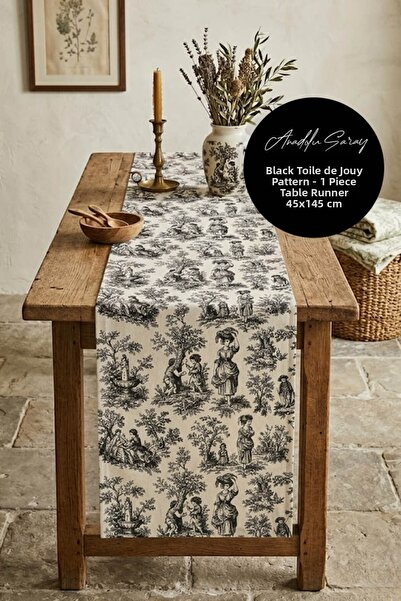Anadolu Saray Μαύρο διακοσμητικό τραπεζομάντιλο με σχέδιο Toile De Jouy, ανθε...