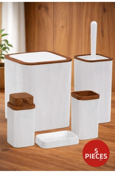 Store HGY Home Ξύλινο Λεπτομερές Σετ Μπάνιου σε Εκρού Απόχρωση με Ρίγες Stella