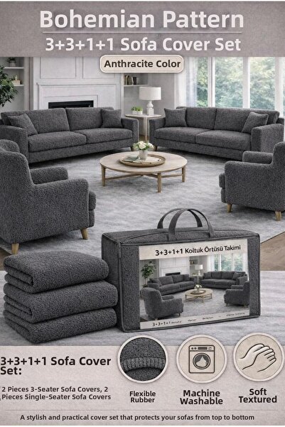 probak Κάλυμμα καναπέ με μποέμ μοτίβο κρεμ ελαστικό 3+3+1+1 Σετ ελαστικό κάλυ...