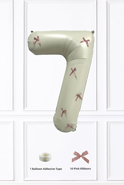 PEKSHOP Retro Cream 7 Year Old Balloon with Pink Bow Ribbon