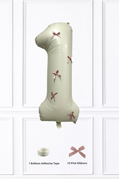 PEKSHOP 1 Year Old Retro Cream Number Balloon with Pink Bow Ribbon