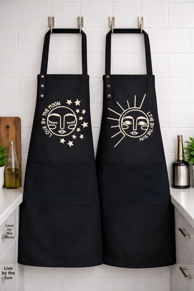 Hulganz Kitchen Apron Set of 2 Black Red Stain Resistant Water Repellent Fabr...