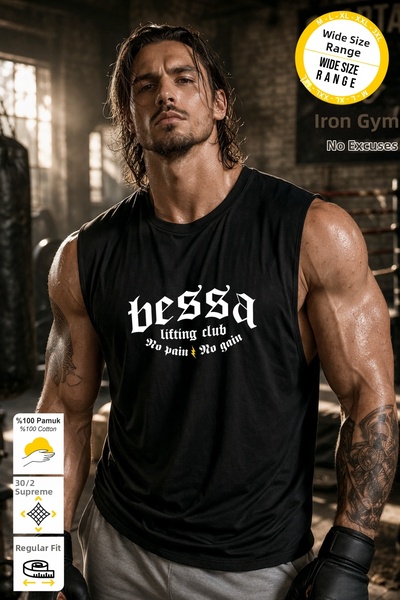 BESSA Black Sportsman's Tank Top No Pain Printed Crew Neck Premium Thick Cott...