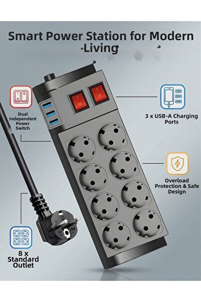 asua كابل تمديد 8 قطع مع حماية حرارية من التيار 3 × USB 2 MT 16 أمبير