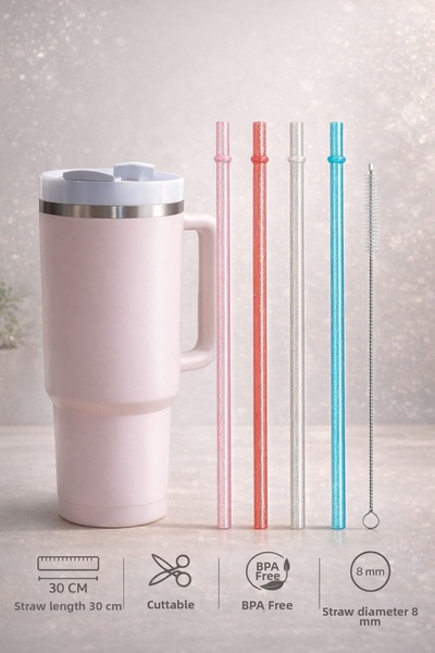 Stanley Glittery Thermos Straws with Rings, 4 Pieces of Thermos Straws with S...