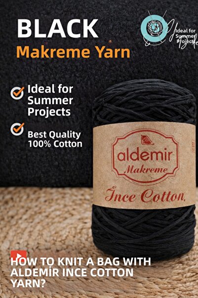 aldemir Thin Cotton Macrame Bag Hat for Making Summer Dress Black Cotton No:0...
