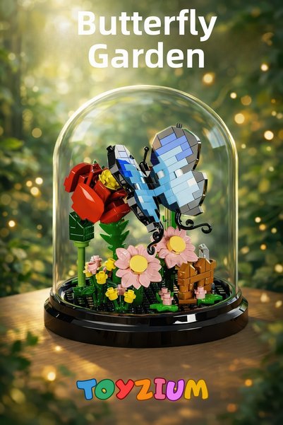 Shem Butterfly Garden Building Block Flower Set (263 Pieces) - Decorative Butterfly Garden Set in a Fan-Shaped Box