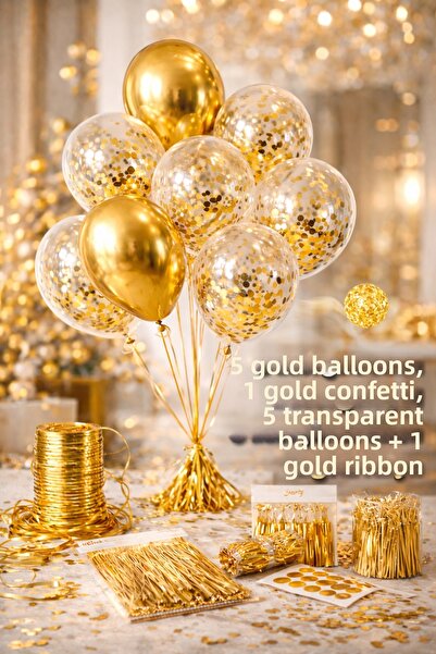 Öz-bal Gold Concept Party Balloon Set (5 Gold + 5 Transparent + Gold Sequins ...