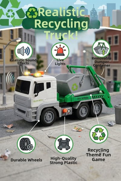 craftivio Vardem 1:12 Recycling Truck with Lights and Sounds - Large Toy Garb...