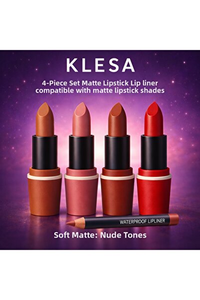 KLESA 4-Piece Matte Lipstick Set B and Lip Liner Nude Pink Coffee Red Shades