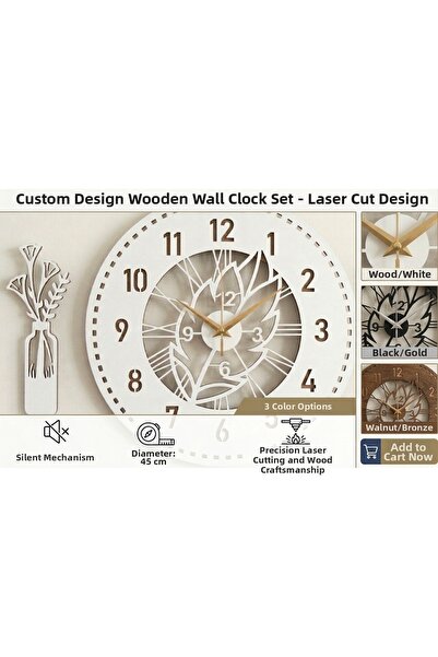 AS TASARIM LAZER Lura Decorative Wooden Wall Clock and Vase Set White Color 4...