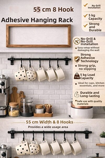 Keyfi Sepet Κρεμάστρα για ποτήρια τοίχου 55 εκ. Μαύρη μεταλλική κρεμάστρα για...