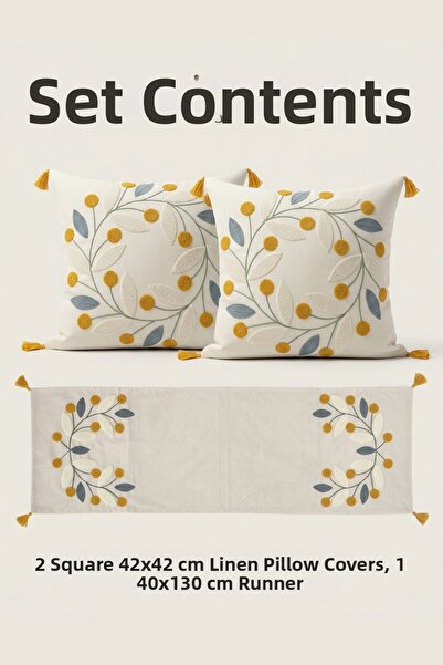 Destiva Home Σετ με κεντητό σχέδιο μαργαρίτας, 2 τετράγωνα μαξιλάρια, 1 ράνερ...