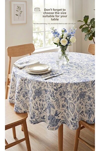 Rona Home Μπλε φλοράλ στρογγυλό τραπεζομάντιλο Ποιοτικό υφαντό ύφασμα ανθεκτι...