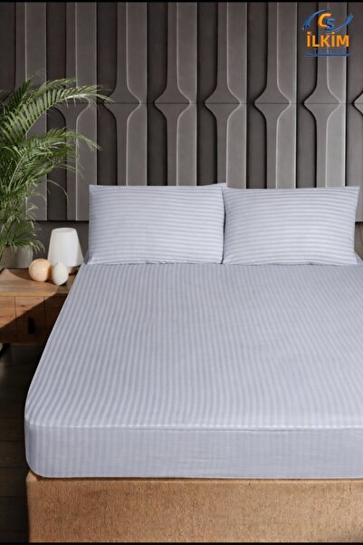 cs ilkim Σετ σατέν ελαστικού σεντονιού από βαμβάκι με ρίγες + 2 μαξιλαροθήκες...