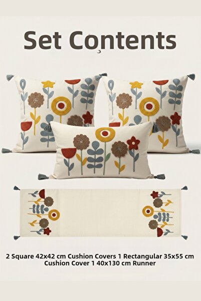 Destiva Home Σετ διακοσμητικών ράνερ με κεντητά λουλούδια, 2 τετράγωνα, 1 ορθ...